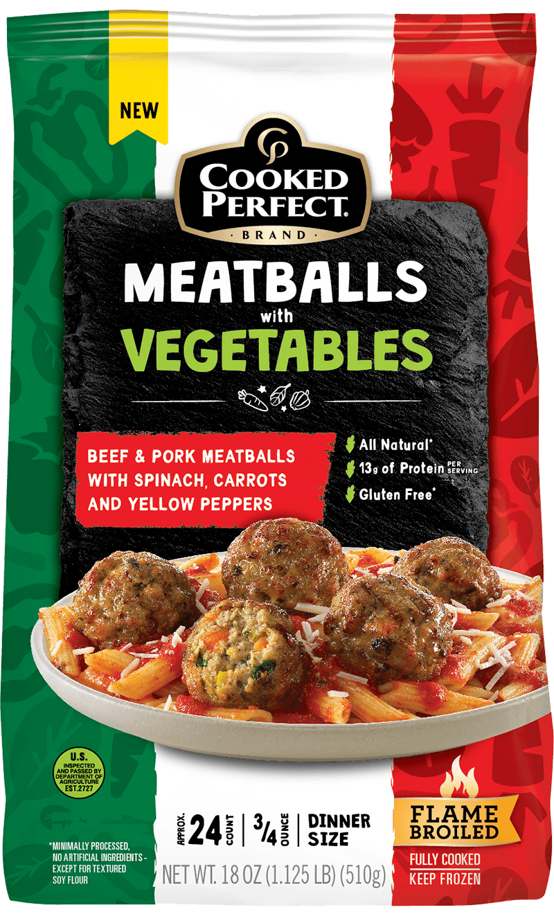 cooked perfect beef and pork meatballs with vegetables